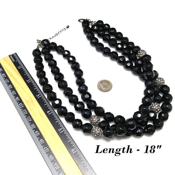 Vintage Black Glass Rhinestone 3 Strand Bead Necklace, Strung Wire, 1990s, 18" - Picture 7 of 7